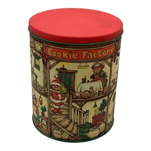 COOKIE FACTORY CHRISTMAS Teddy Bear Round Tin Press Wim Schummer 7.25in